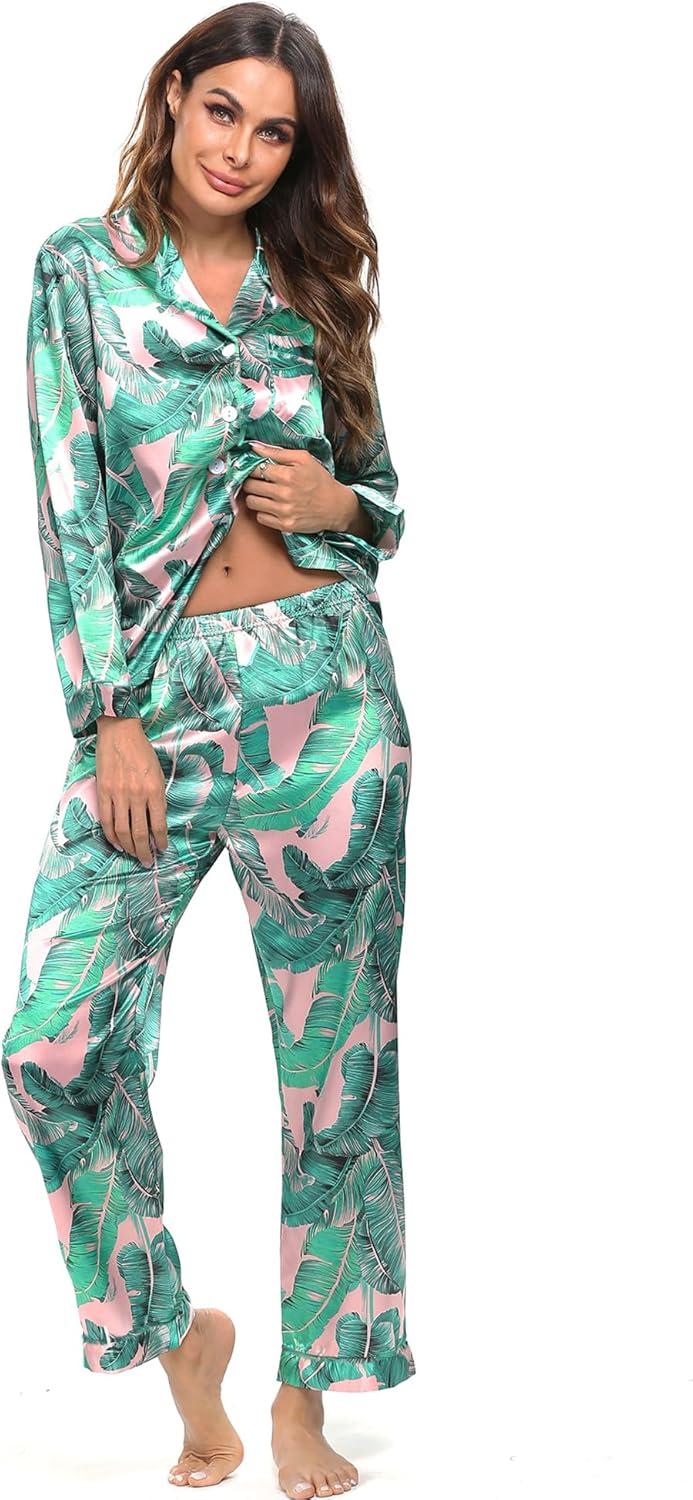 imageSWOMOG Long Sleeve Pajamas Set Silk Satin Sleepwear Button Down Pjs Loungewear with PocketPink Leaves