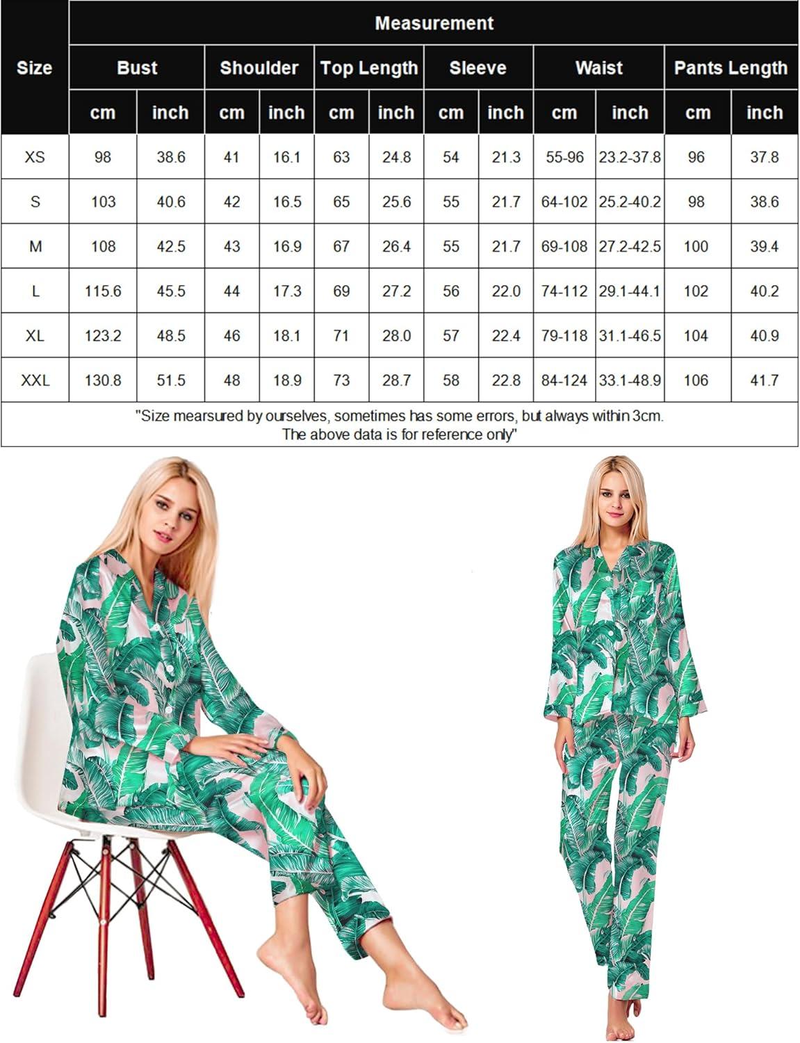 imageSWOMOG Long Sleeve Pajamas Set Silk Satin Sleepwear Button Down Pjs Loungewear with PocketPink Leaves