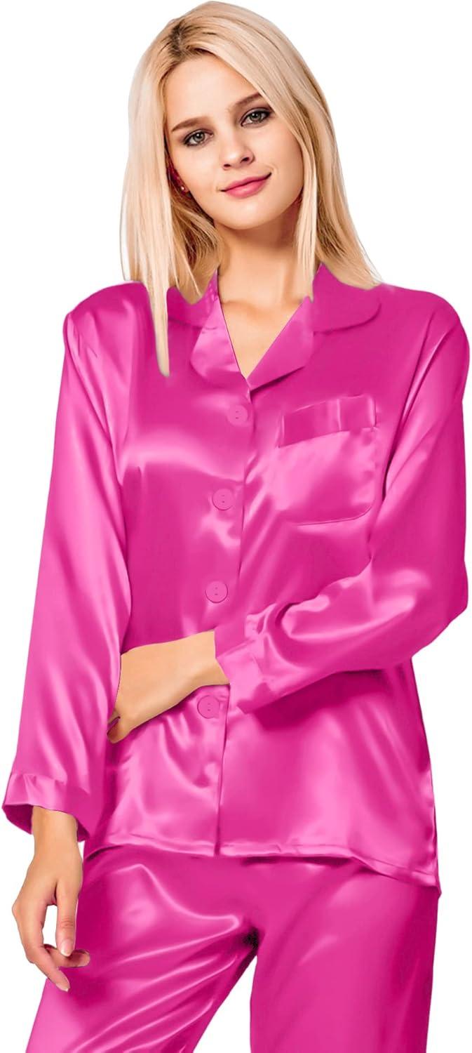 imageSWOMOG Long Sleeve Pajamas Set Silk Satin Sleepwear Button Down Pjs Loungewear with PocketRose Red