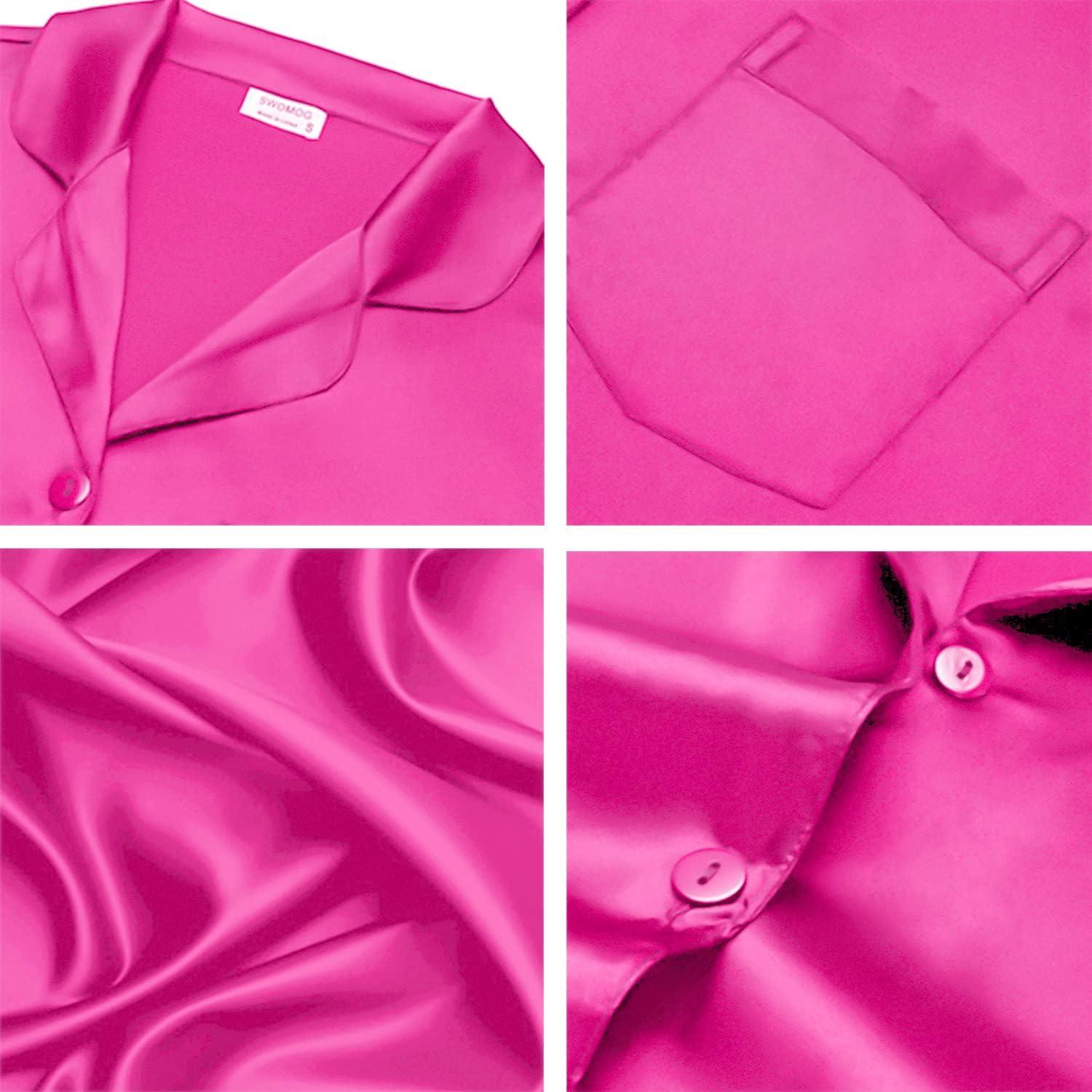 imageSWOMOG Long Sleeve Pajamas Set Silk Satin Sleepwear Button Down Pjs Loungewear with PocketRose Red