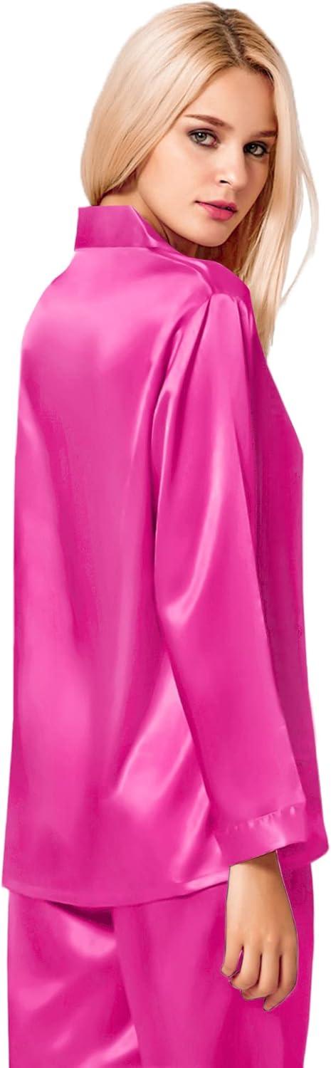 imageSWOMOG Long Sleeve Pajamas Set Silk Satin Sleepwear Button Down Pjs Loungewear with PocketRose Red