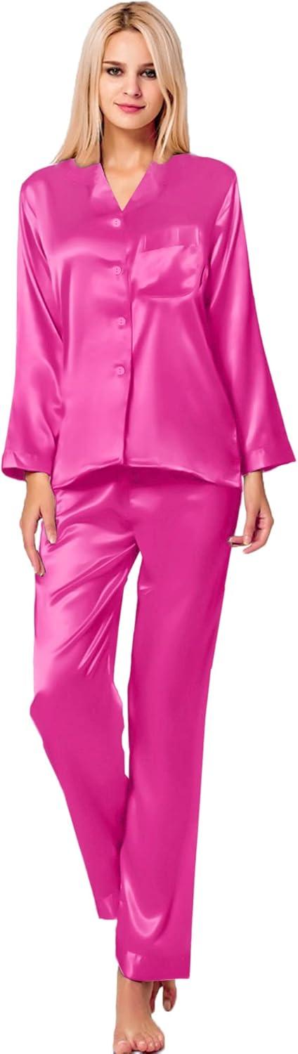 imageSWOMOG Long Sleeve Pajamas Set Silk Satin Sleepwear Button Down Pjs Loungewear with PocketRose Red