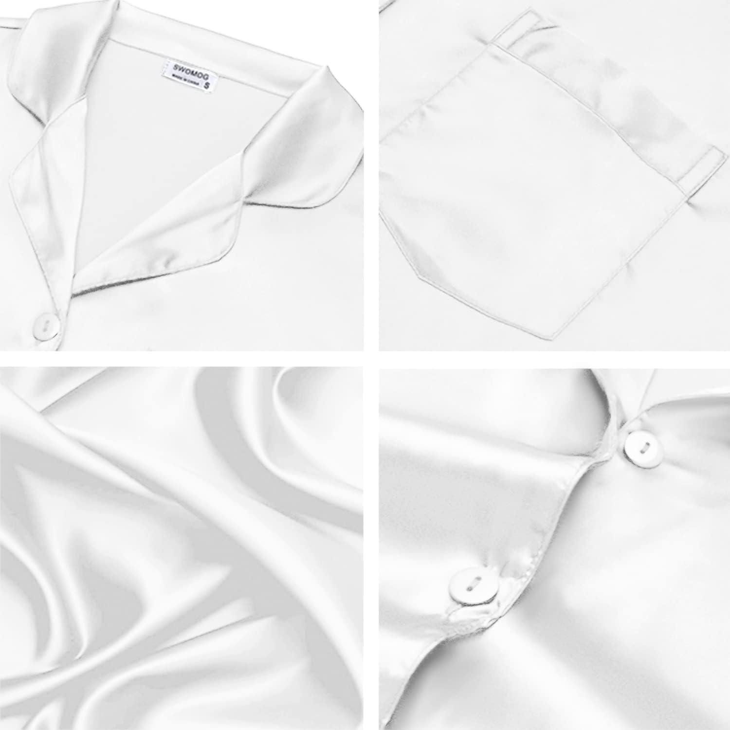 imageSWOMOG Long Sleeve Pajamas Set Silk Satin Sleepwear Button Down Pjs Loungewear with PocketWhite