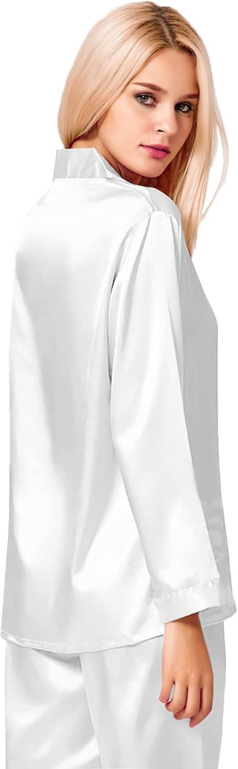 imageSWOMOG Long Sleeve Pajamas Set Silk Satin Sleepwear Button Down Pjs Loungewear with PocketWhite