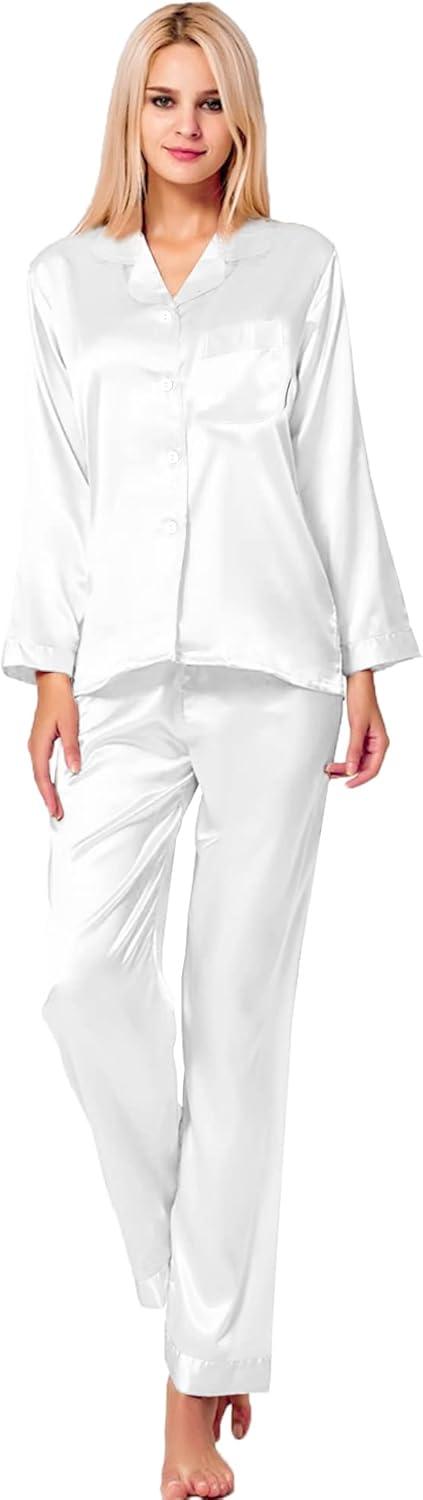 imageSWOMOG Long Sleeve Pajamas Set Silk Satin Sleepwear Button Down Pjs Loungewear with PocketWhite