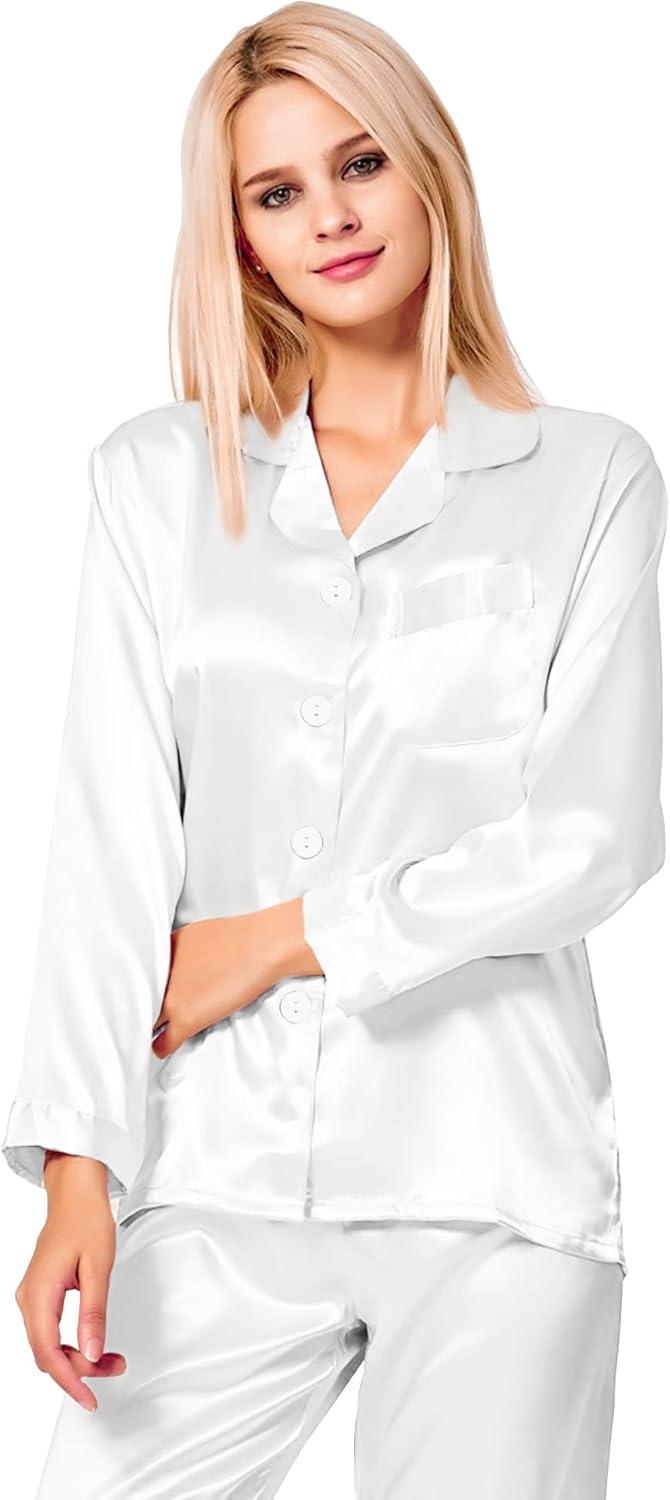 imageSWOMOG Long Sleeve Pajamas Set Silk Satin Sleepwear Button Down Pjs Loungewear with PocketWhite