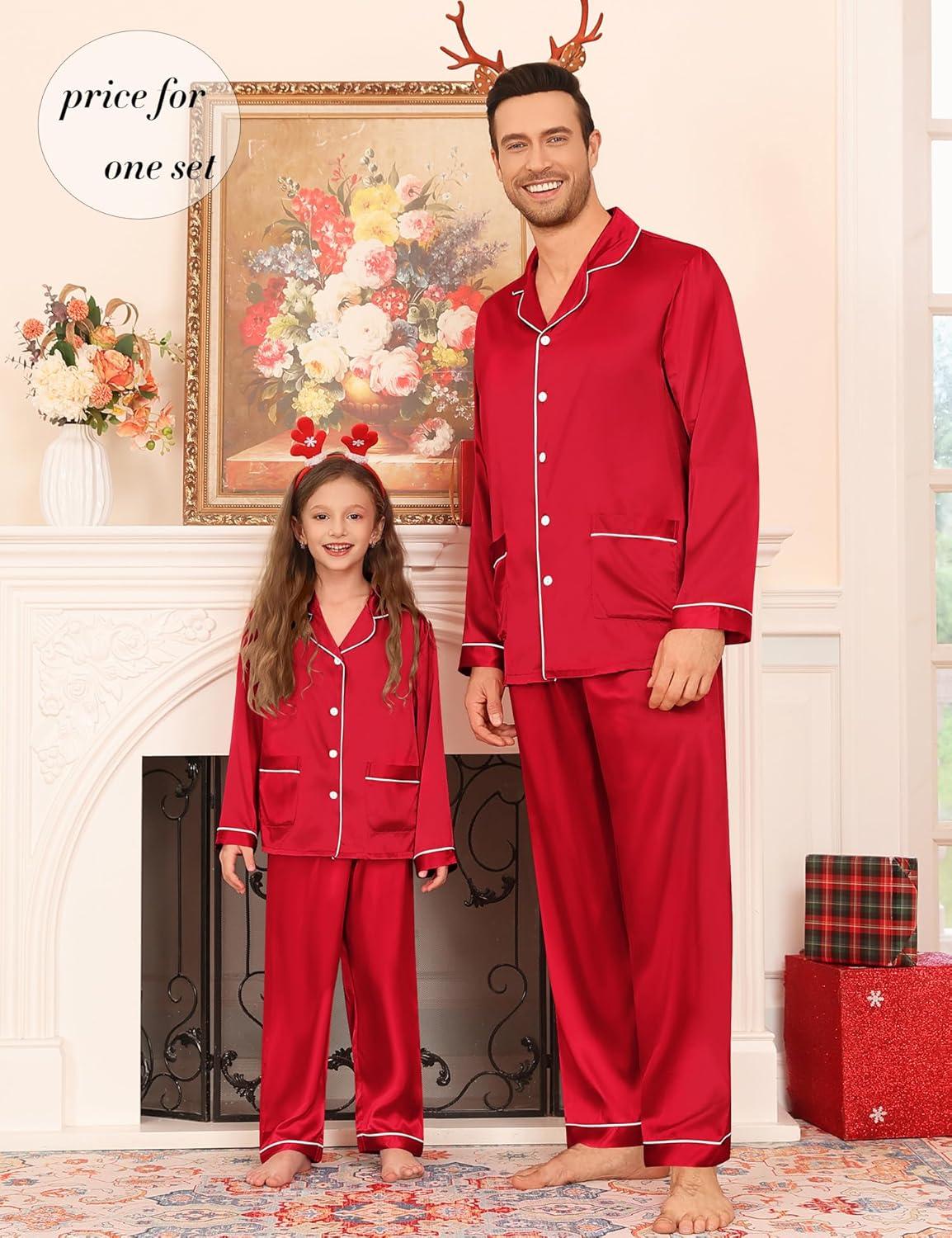 imageSWOMOG Matching Family Pajamas Set Women amp Men amp Kids Silk Satin Pjs 2 Pcs Long Sleeve Button Down Sleepwear with 2 PocketsAred