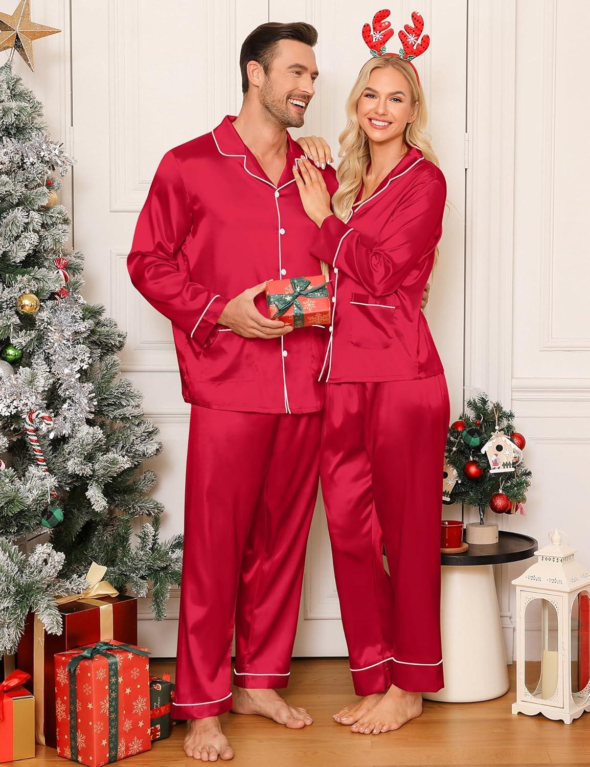 imageSWOMOG Matching Family Pajamas Set Women amp Men amp Kids Silk Satin Pjs 2 Pcs Long Sleeve Button Down Sleepwear with 2 PocketsAred