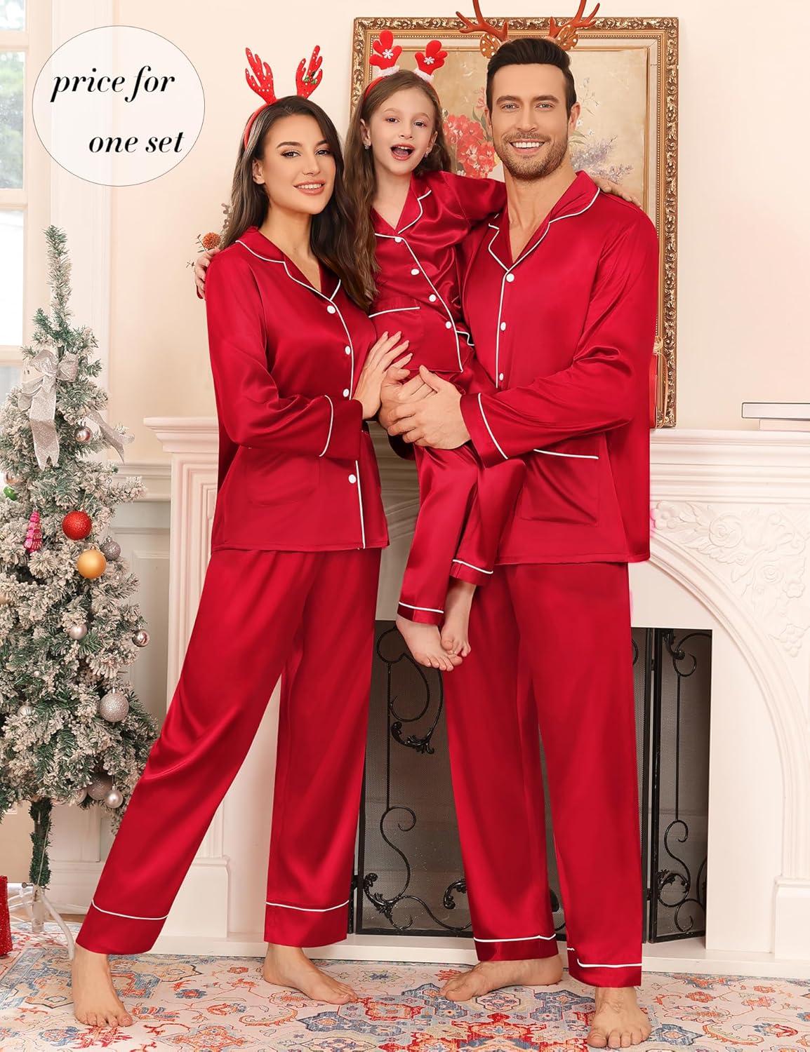imageSWOMOG Matching Family Pajamas Set Women amp Men amp Kids Silk Satin Pjs 2 Pcs Long Sleeve Button Down Sleepwear with 2 PocketsAred
