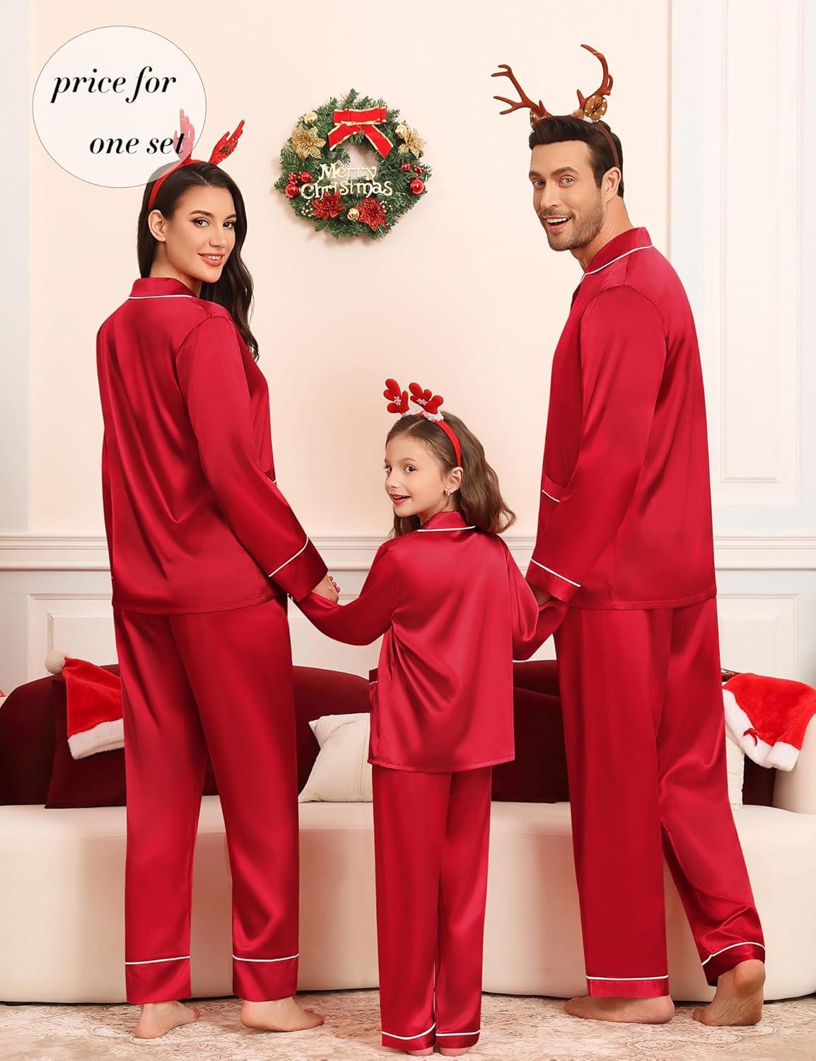 imageSWOMOG Matching Family Pajamas Set Women amp Men amp Kids Silk Satin Pjs 2 Pcs Long Sleeve Button Down Sleepwear with 2 PocketsAred