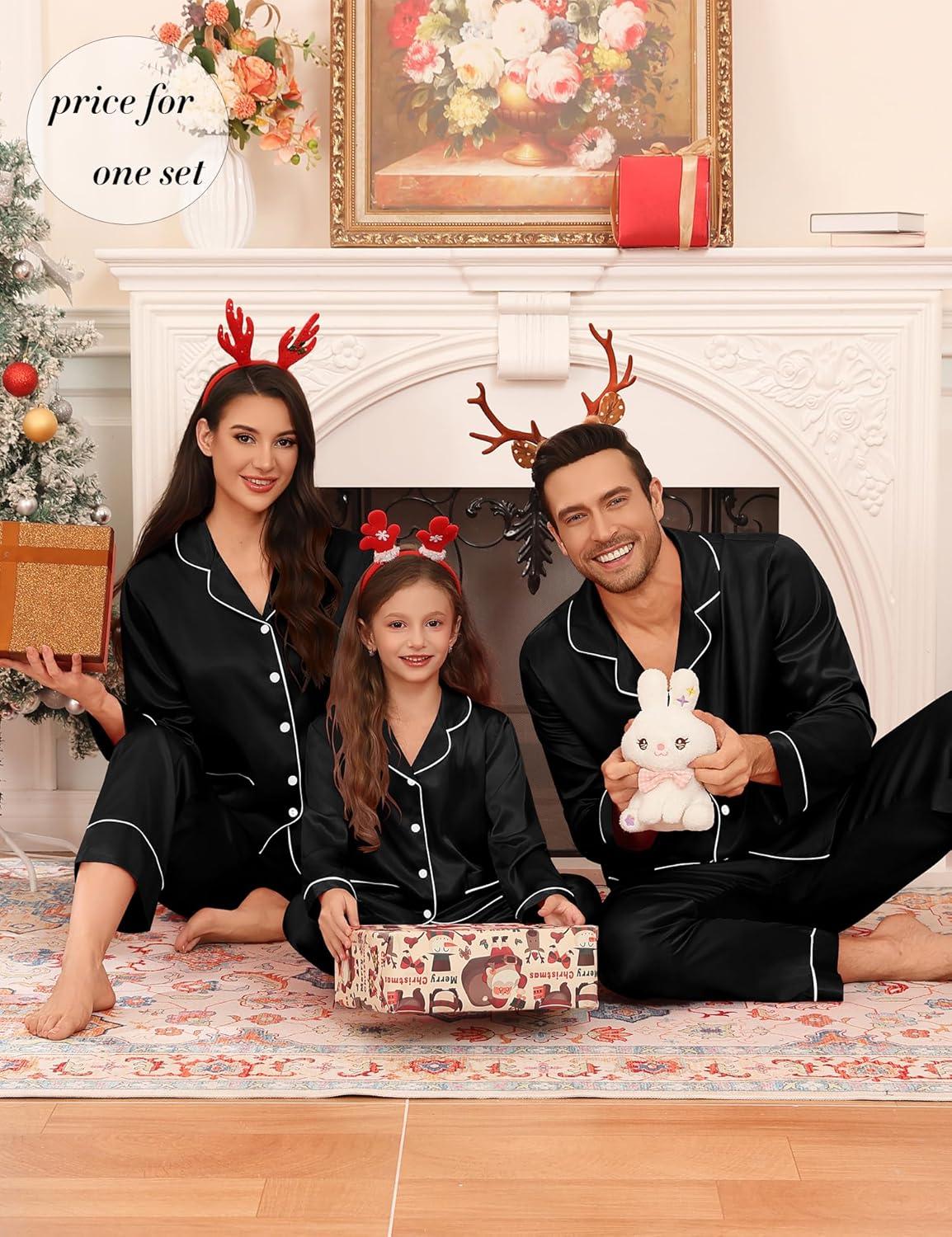 imageSWOMOG Matching Family Pajamas Set Women amp Men amp Kids Silk Satin Pjs 2 Pcs Long Sleeve Button Down Sleepwear with 2 PocketsBlack