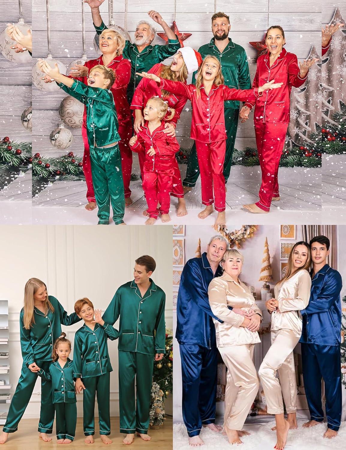imageSWOMOG Matching Family Pajamas Set Women amp Men amp Kids Silk Satin Pjs 2 Pcs Long Sleeve Button Down Sleepwear with 2 PocketsBlack
