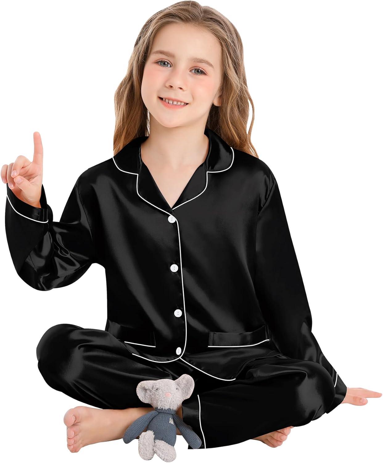 imageSWOMOG Matching Family Pajamas Set Women amp Men amp Kids Silk Satin Pjs 2 Pcs Long Sleeve Button Down Sleepwear with 2 PocketsBlack