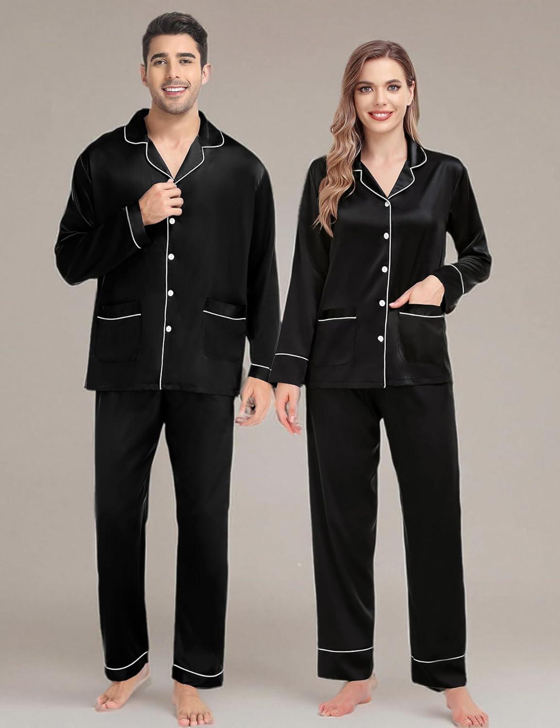 imageSWOMOG Matching Family Pajamas Set Women amp Men amp Kids Silk Satin Pjs 2 Pcs Long Sleeve Button Down Sleepwear with 2 PocketsBlack