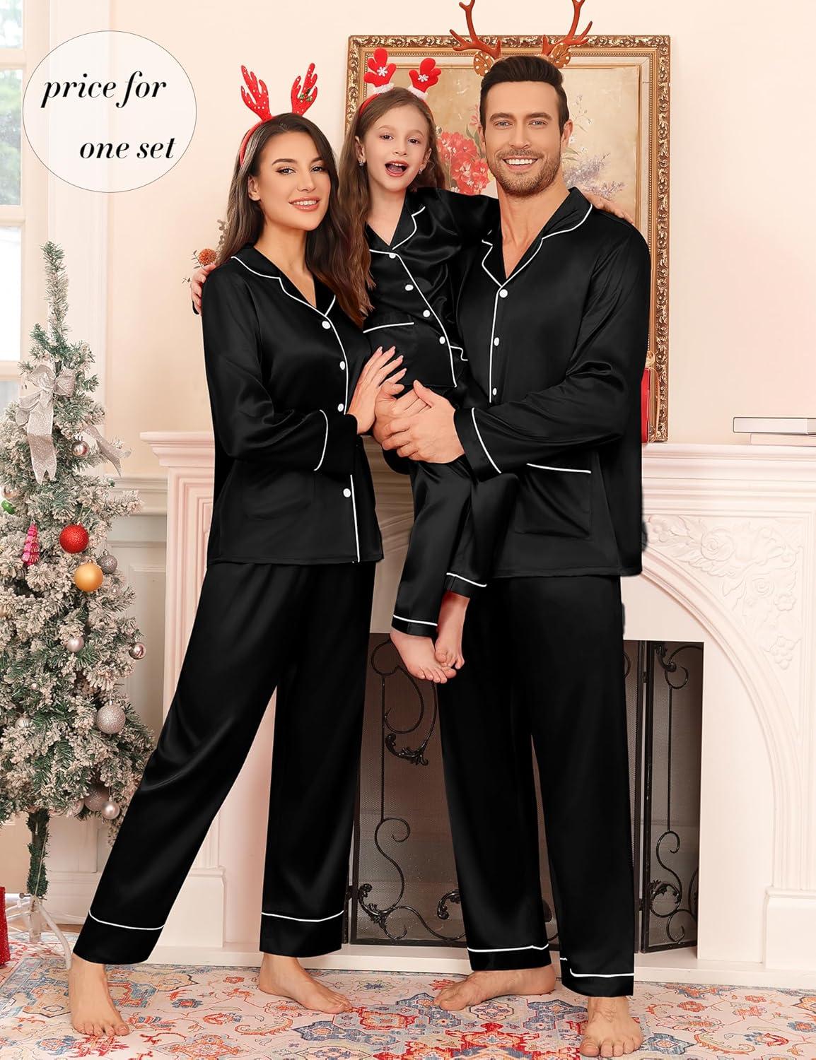 imageSWOMOG Matching Family Pajamas Set Women amp Men amp Kids Silk Satin Pjs 2 Pcs Long Sleeve Button Down Sleepwear with 2 PocketsBlack