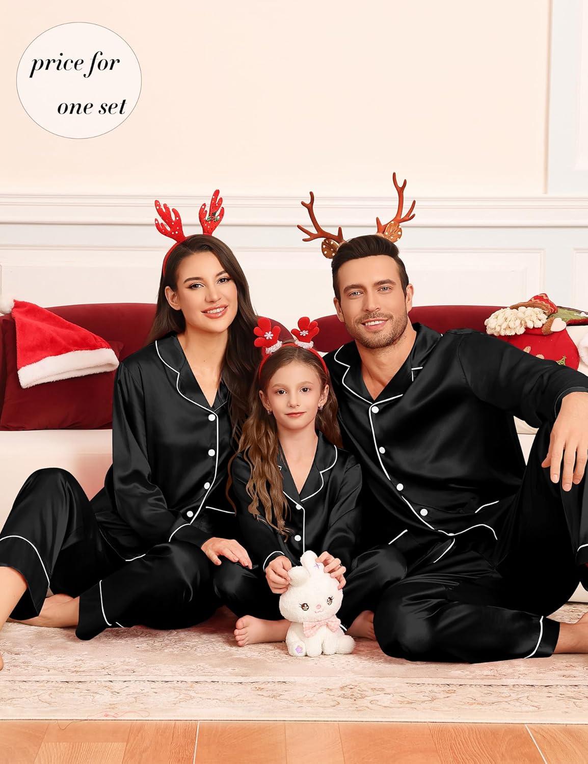 imageSWOMOG Matching Family Pajamas Set Women amp Men amp Kids Silk Satin Pjs 2 Pcs Long Sleeve Button Down Sleepwear with 2 PocketsBlack
