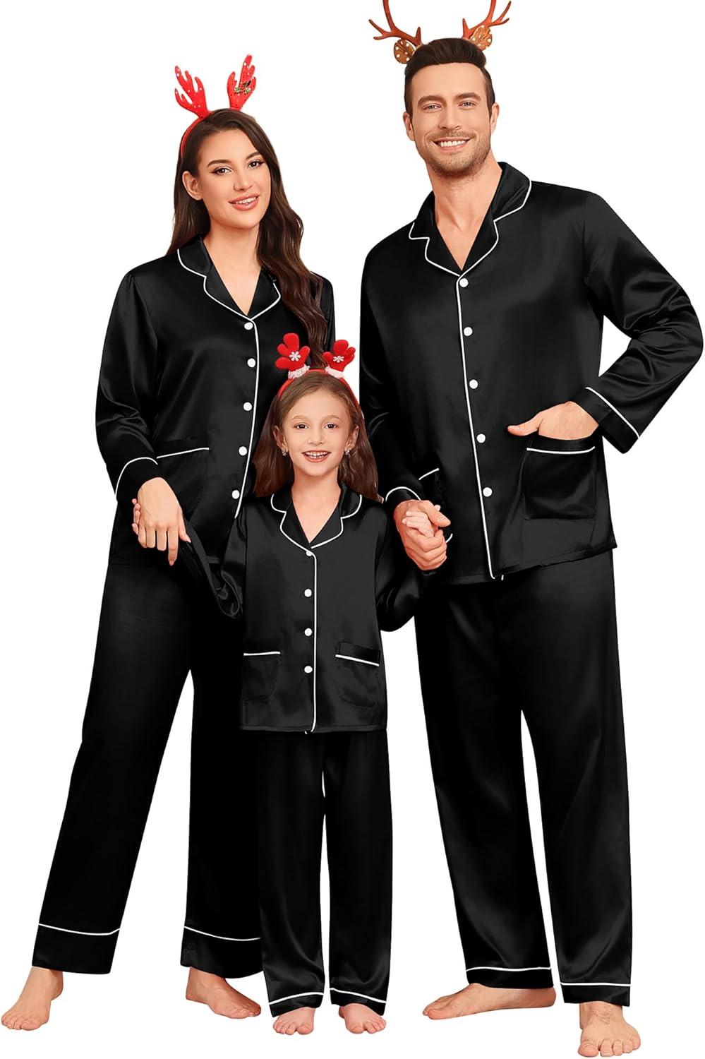 imageSWOMOG Matching Family Pajamas Set Women amp Men amp Kids Silk Satin Pjs 2 Pcs Long Sleeve Button Down Sleepwear with 2 PocketsBlack