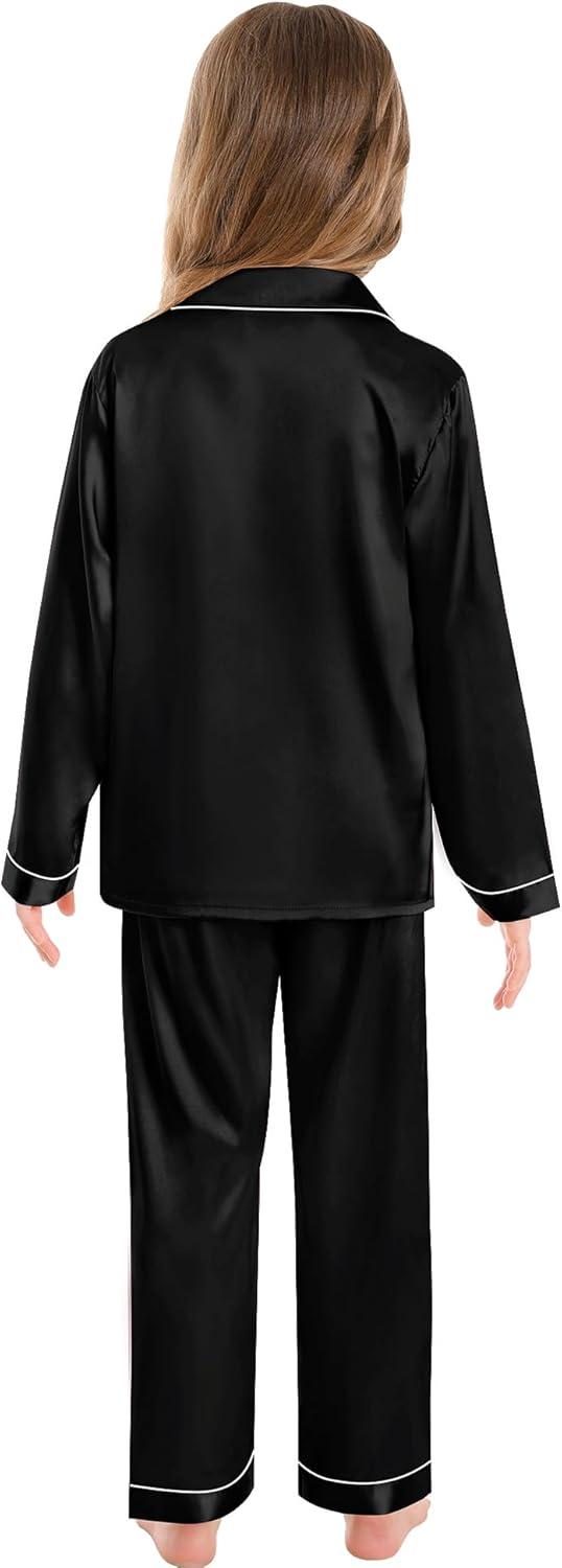 imageSWOMOG Matching Family Pajamas Set Women amp Men amp Kids Silk Satin Pjs 2 Pcs Long Sleeve Button Down Sleepwear with 2 PocketsBlack
