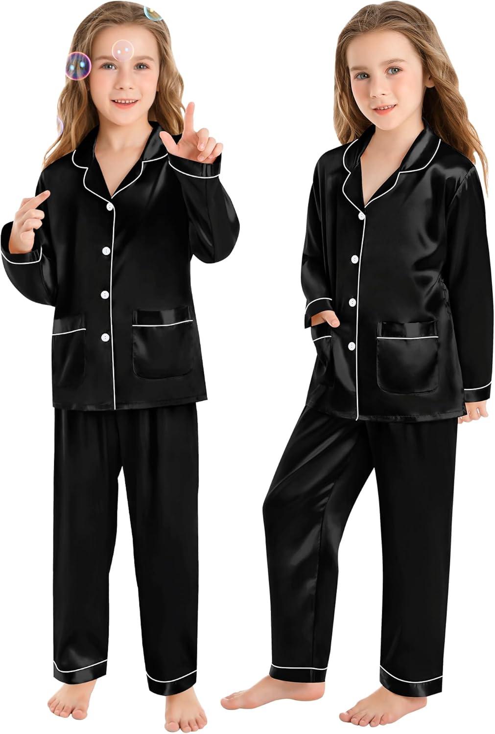 imageSWOMOG Matching Family Pajamas Set Women amp Men amp Kids Silk Satin Pjs 2 Pcs Long Sleeve Button Down Sleepwear with 2 PocketsBlack