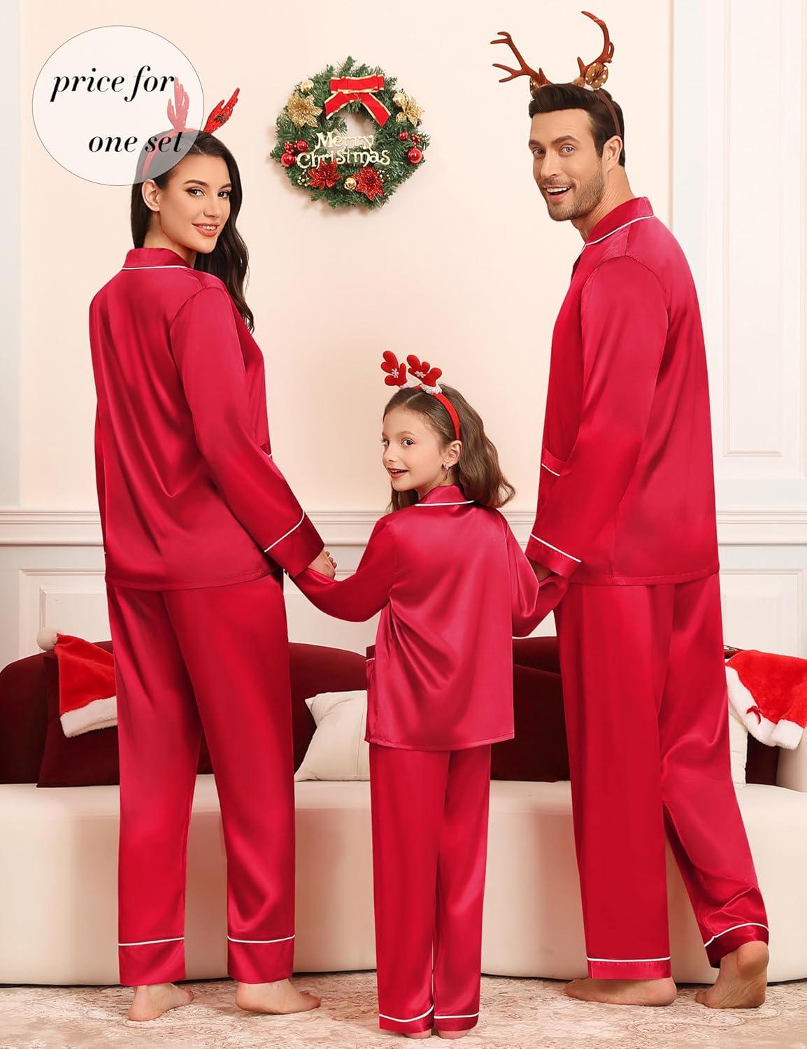 imageSWOMOG Matching Family Pajamas Set Women amp Men amp Kids Silk Satin Pjs 2 Pcs Long Sleeve Button Down Sleepwear with 2 PocketsBright Red
