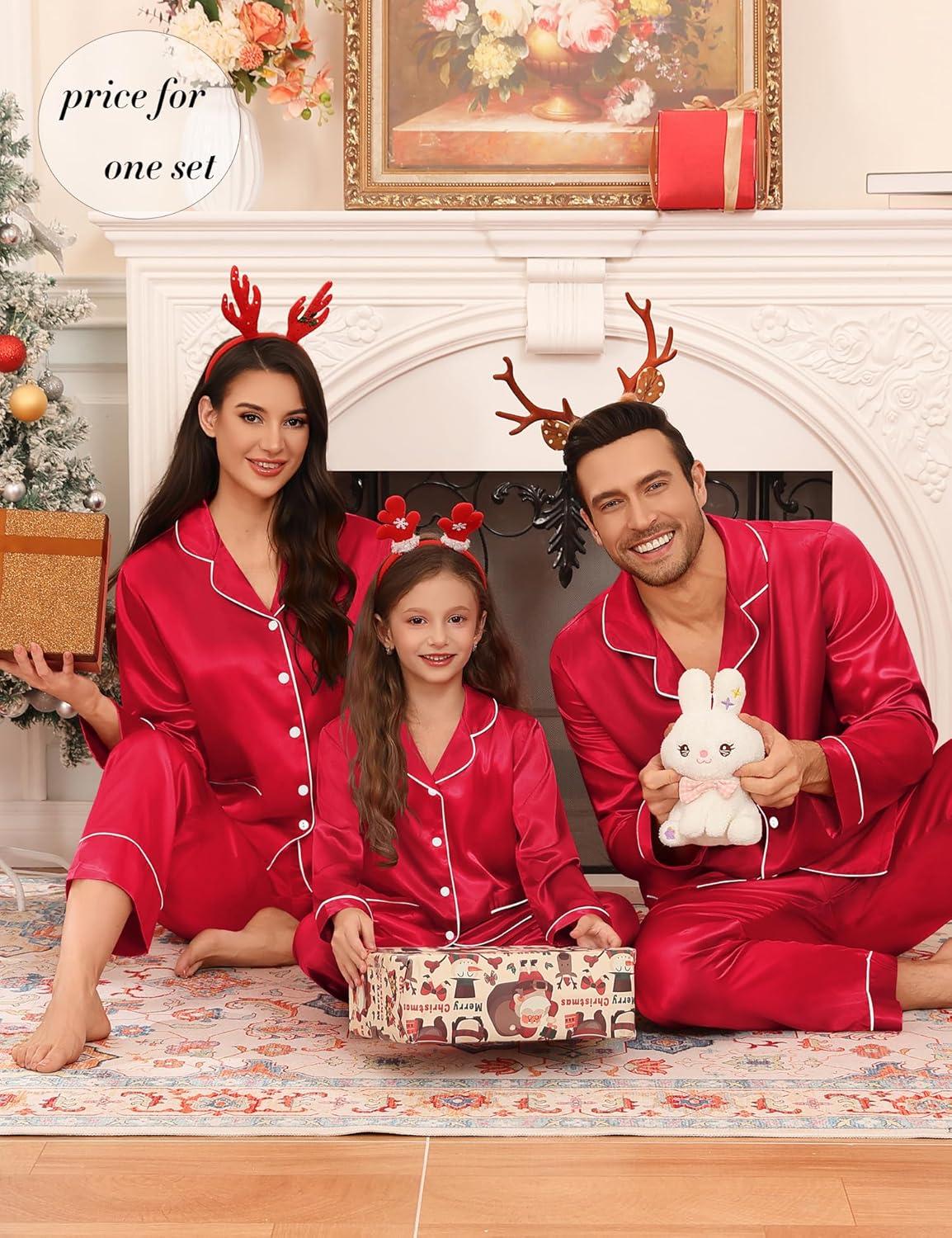 imageSWOMOG Matching Family Pajamas Set Women amp Men amp Kids Silk Satin Pjs 2 Pcs Long Sleeve Button Down Sleepwear with 2 PocketsBright Red