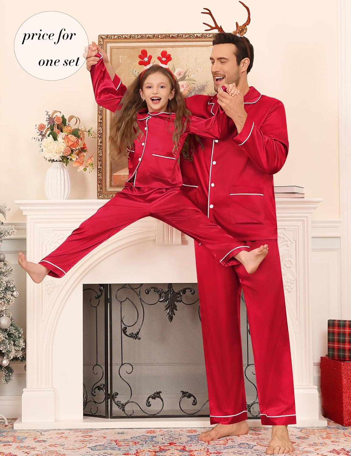 imageSWOMOG Matching Family Pajamas Set Women amp Men amp Kids Silk Satin Pjs 2 Pcs Long Sleeve Button Down Sleepwear with 2 PocketsBright Red