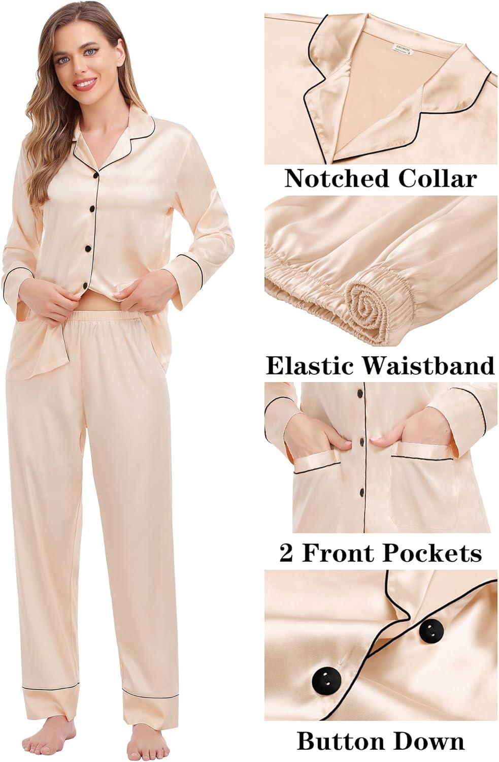 imageSWOMOG Matching Family Pajamas Set Women amp Men amp Kids Silk Satin Pjs 2 Pcs Long Sleeve Button Down Sleepwear with 2 PocketsChampagne
