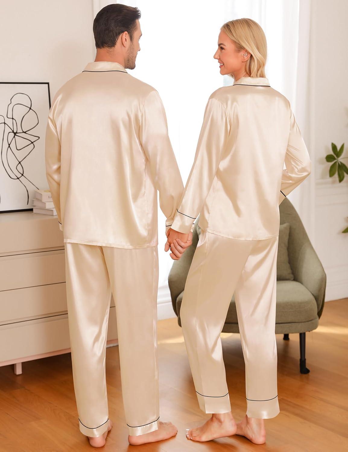 imageSWOMOG Matching Family Pajamas Set Women amp Men amp Kids Silk Satin Pjs 2 Pcs Long Sleeve Button Down Sleepwear with 2 PocketsChampagne