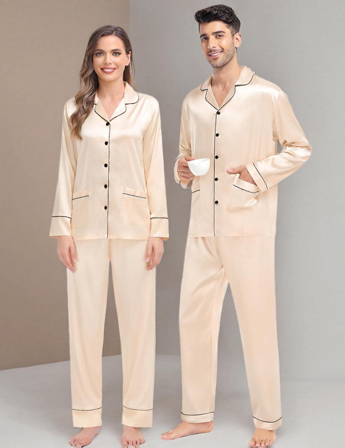 imageSWOMOG Matching Family Pajamas Set Women amp Men amp Kids Silk Satin Pjs 2 Pcs Long Sleeve Button Down Sleepwear with 2 PocketsChampagne