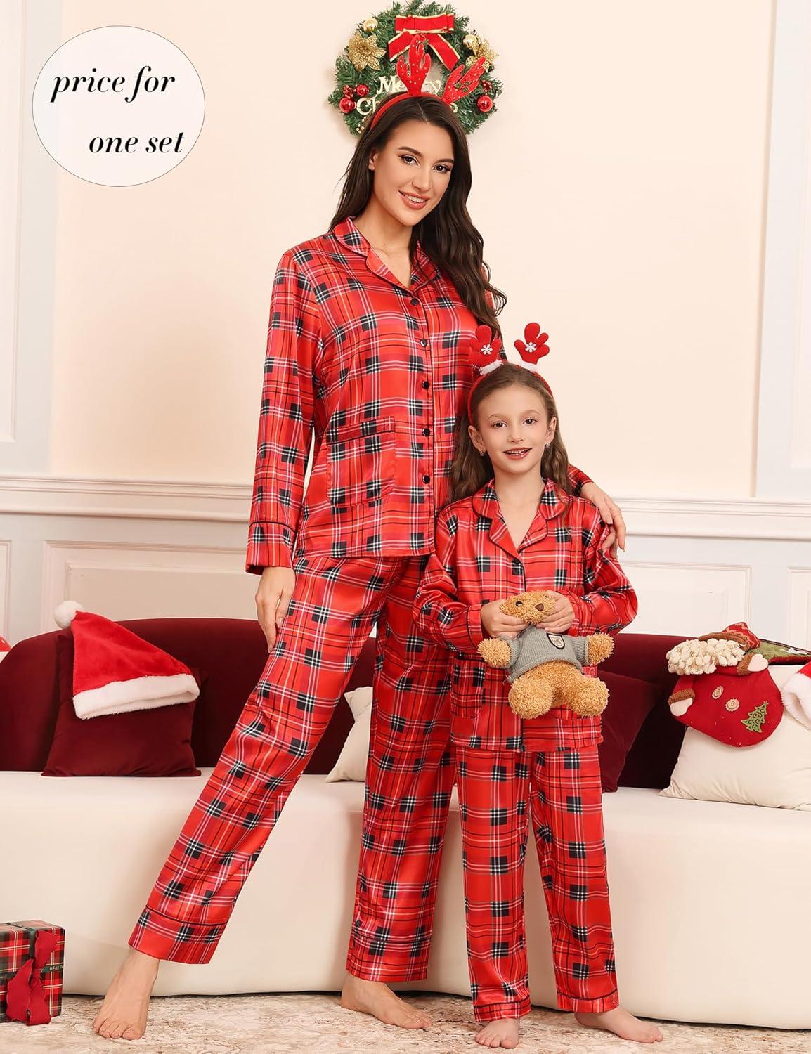 imageSWOMOG Matching Family Pajamas Set Women amp Men amp Kids Silk Satin Pjs 2 Pcs Long Sleeve Button Down Sleepwear with 2 PocketsChristmas Red Plaid