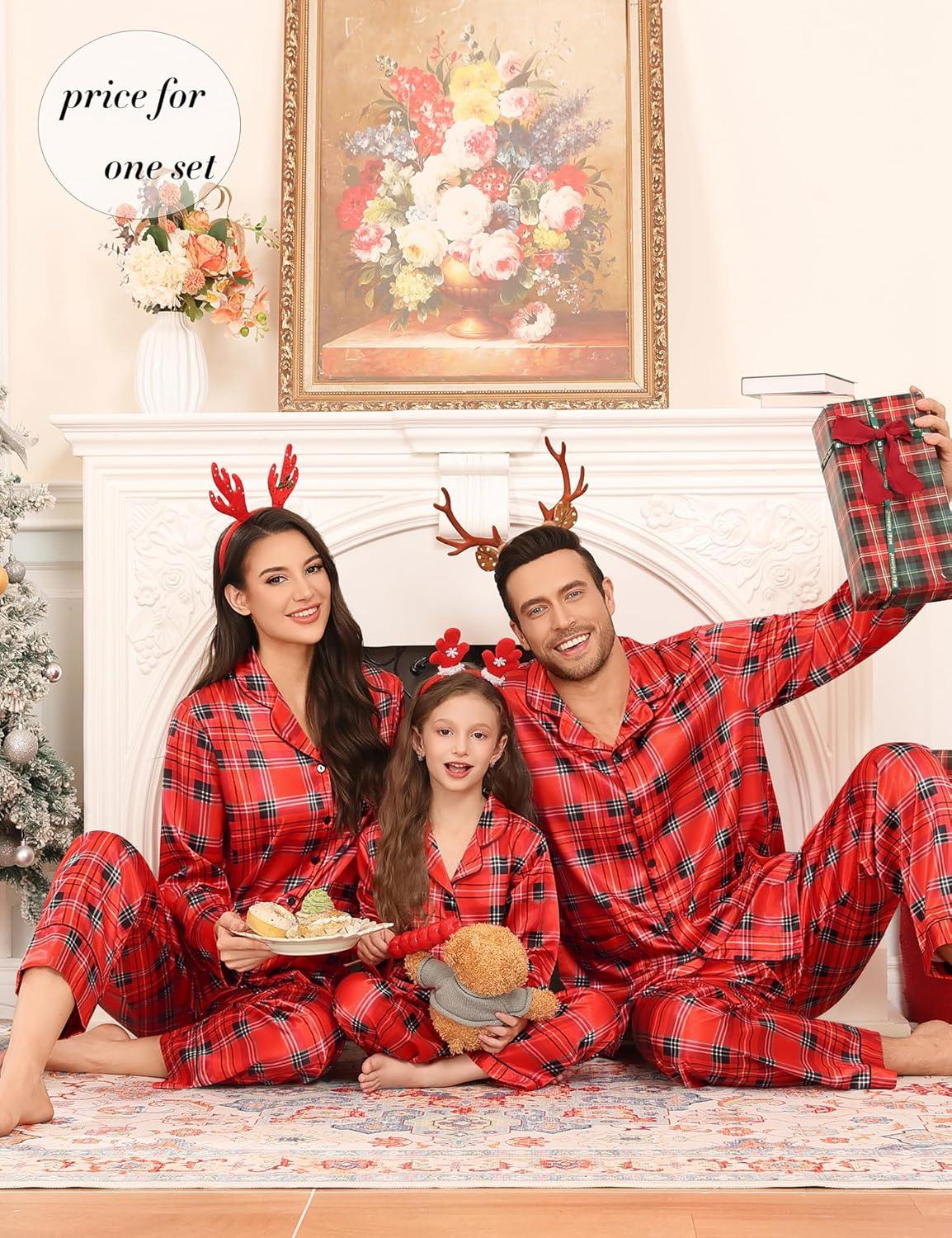 imageSWOMOG Matching Family Pajamas Set Women amp Men amp Kids Silk Satin Pjs 2 Pcs Long Sleeve Button Down Sleepwear with 2 PocketsChristmas Red Plaid