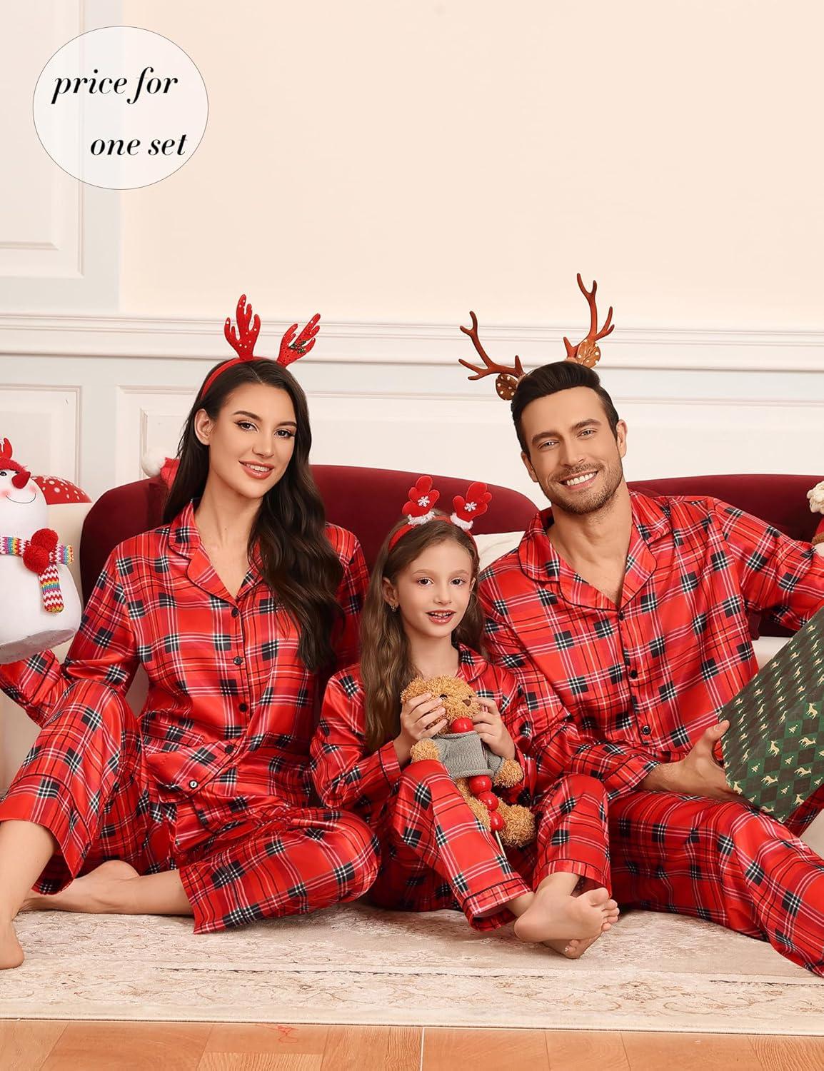 imageSWOMOG Matching Family Pajamas Set Women amp Men amp Kids Silk Satin Pjs 2 Pcs Long Sleeve Button Down Sleepwear with 2 PocketsChristmas Red Plaid
