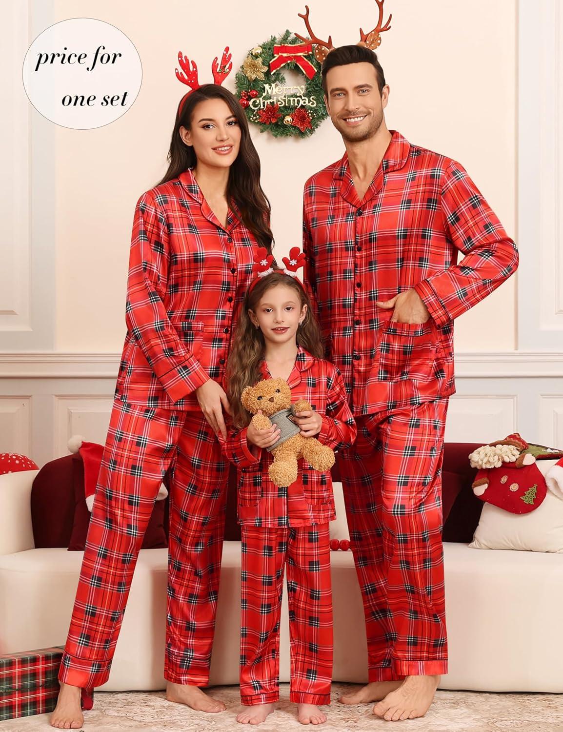 imageSWOMOG Matching Family Pajamas Set Women amp Men amp Kids Silk Satin Pjs 2 Pcs Long Sleeve Button Down Sleepwear with 2 PocketsChristmas Red Plaid