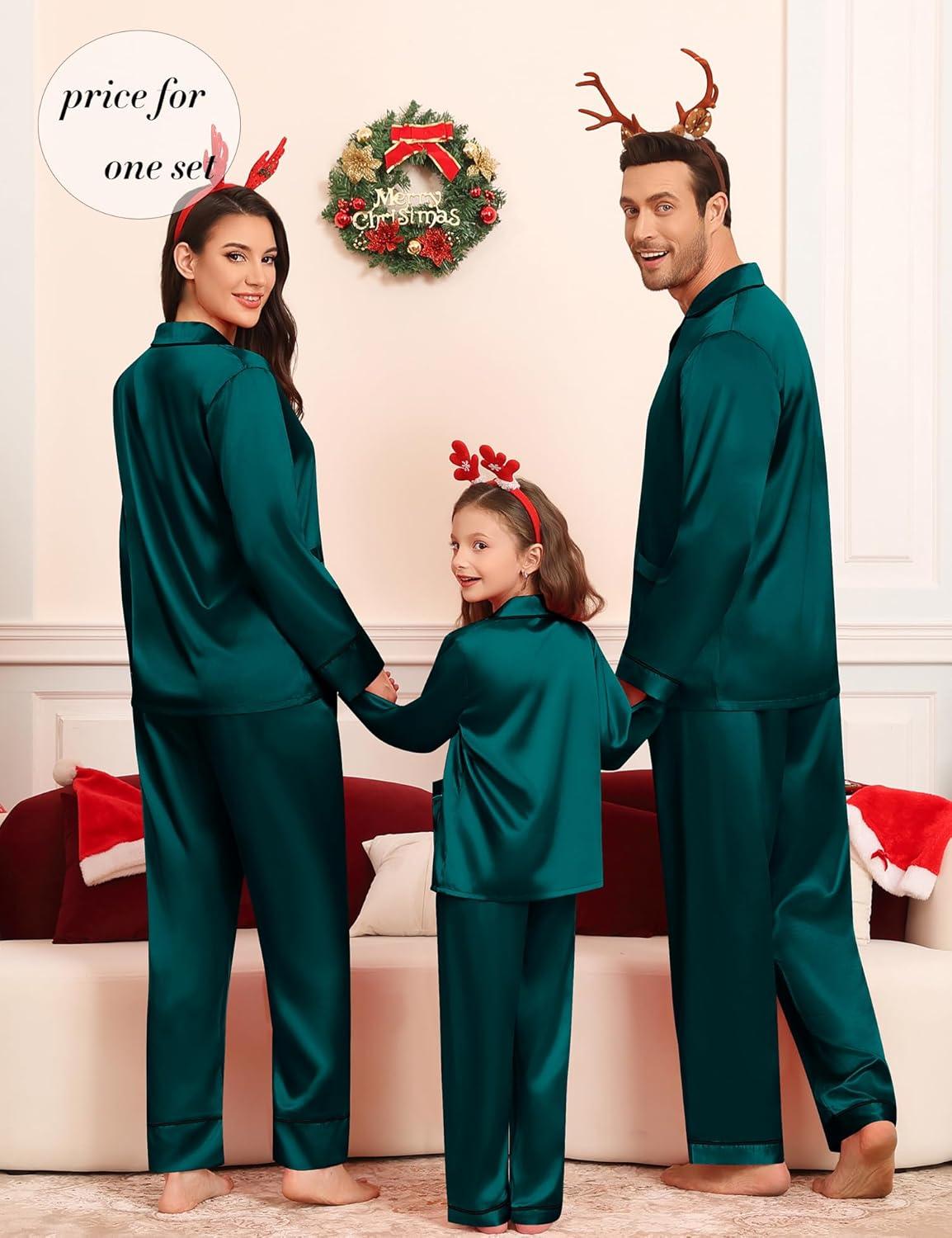 imageSWOMOG Matching Family Pajamas Set Women amp Men amp Kids Silk Satin Pjs 2 Pcs Long Sleeve Button Down Sleepwear with 2 PocketsDeep Green