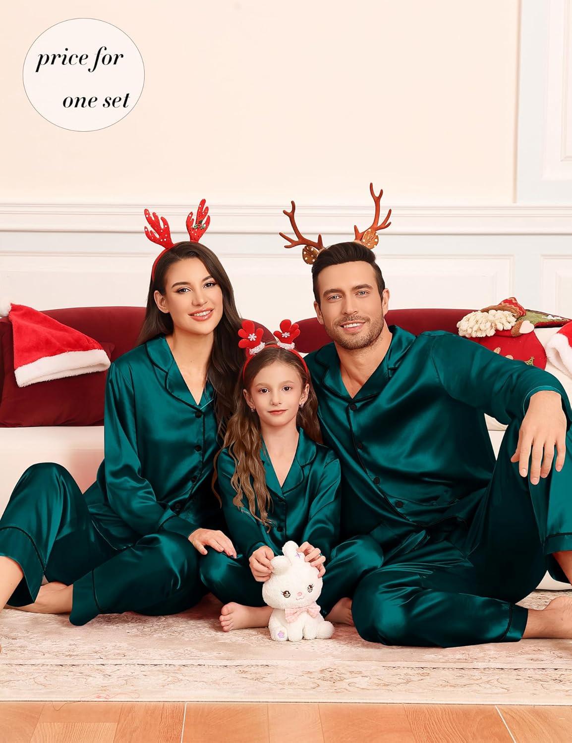 imageSWOMOG Matching Family Pajamas Set Women amp Men amp Kids Silk Satin Pjs 2 Pcs Long Sleeve Button Down Sleepwear with 2 PocketsDeep Green