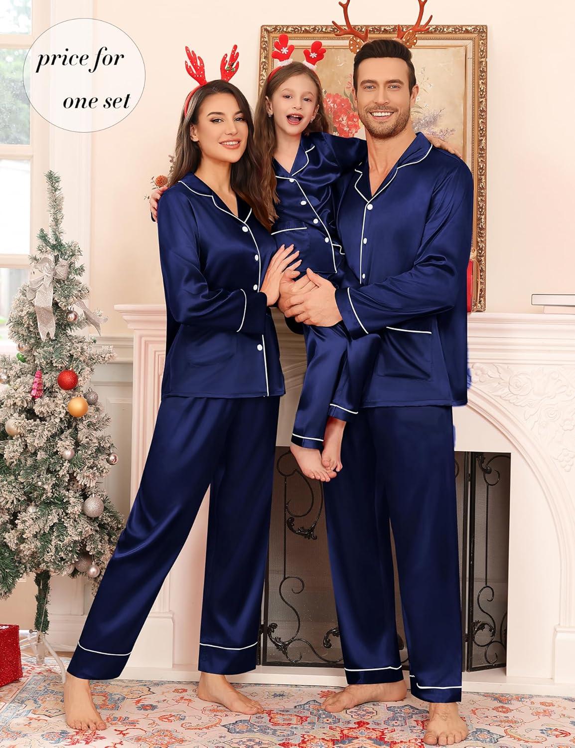 imageSWOMOG Matching Family Pajamas Set Women amp Men amp Kids Silk Satin Pjs 2 Pcs Long Sleeve Button Down Sleepwear with 2 PocketsDeep Navy Blue