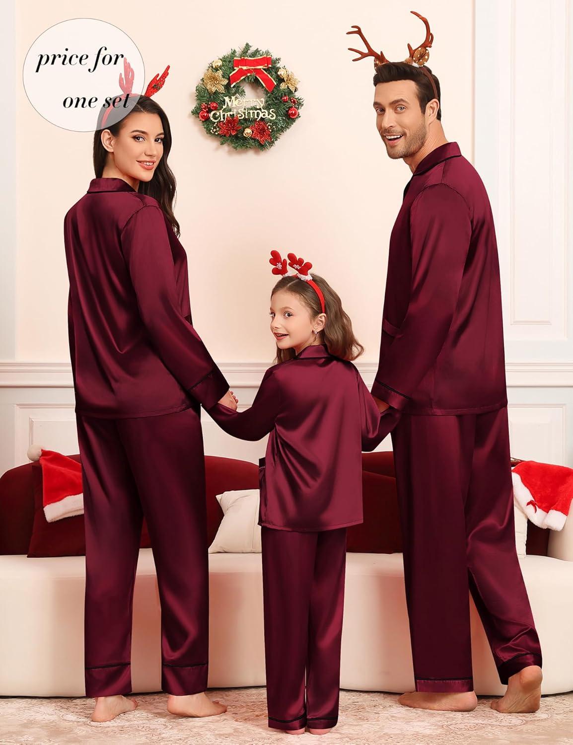 imageSWOMOG Matching Family Pajamas Set Women amp Men amp Kids Silk Satin Pjs 2 Pcs Long Sleeve Button Down Sleepwear with 2 PocketsDeep Wine Red