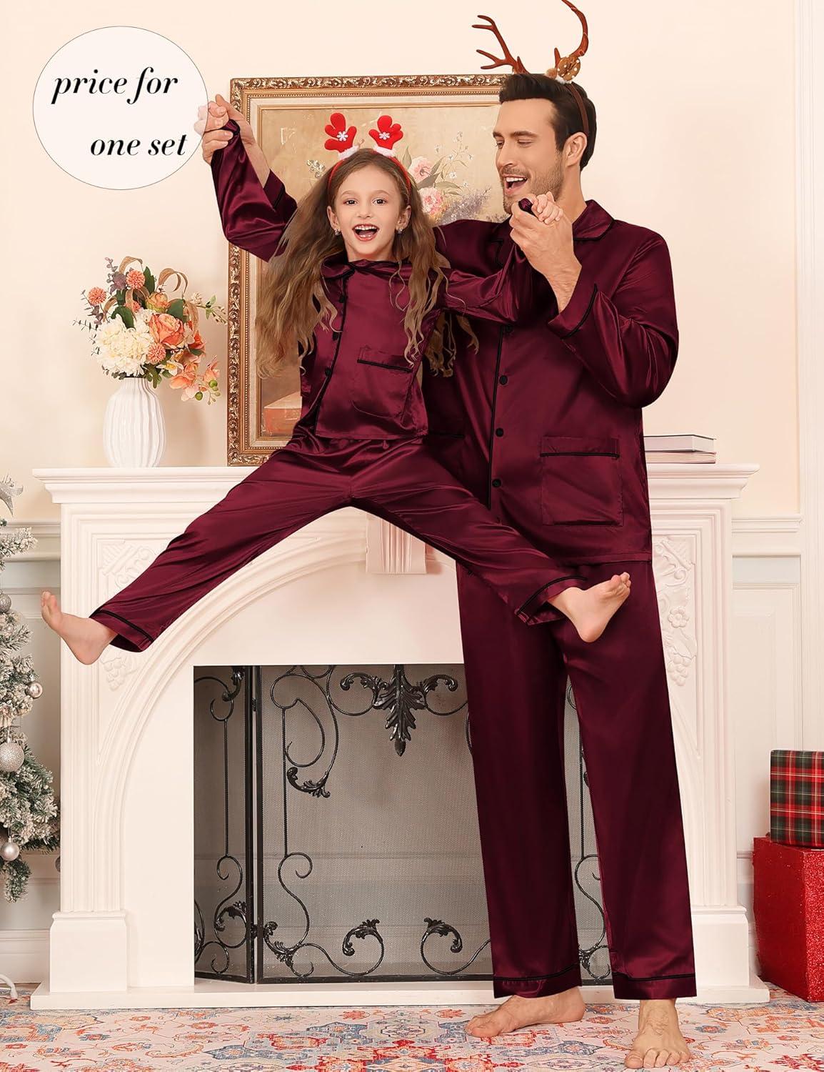 imageSWOMOG Matching Family Pajamas Set Women amp Men amp Kids Silk Satin Pjs 2 Pcs Long Sleeve Button Down Sleepwear with 2 PocketsDeep Wine Red