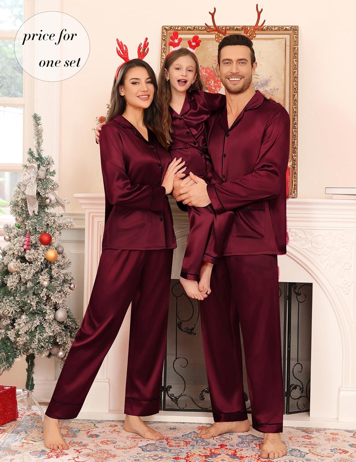 imageSWOMOG Matching Family Pajamas Set Women amp Men amp Kids Silk Satin Pjs 2 Pcs Long Sleeve Button Down Sleepwear with 2 PocketsDeep Wine Red