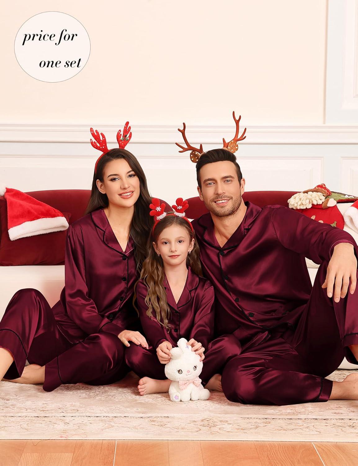imageSWOMOG Matching Family Pajamas Set Women amp Men amp Kids Silk Satin Pjs 2 Pcs Long Sleeve Button Down Sleepwear with 2 PocketsDeep Wine Red