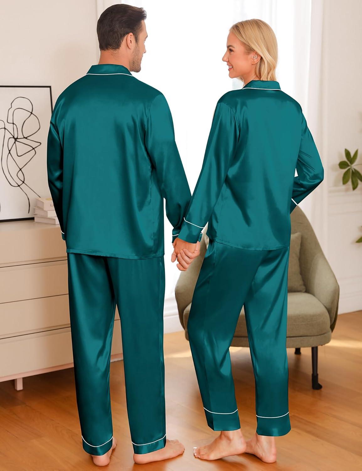 imageSWOMOG Matching Family Pajamas Set Women amp Men amp Kids Silk Satin Pjs 2 Pcs Long Sleeve Button Down Sleepwear with 2 PocketsGreen