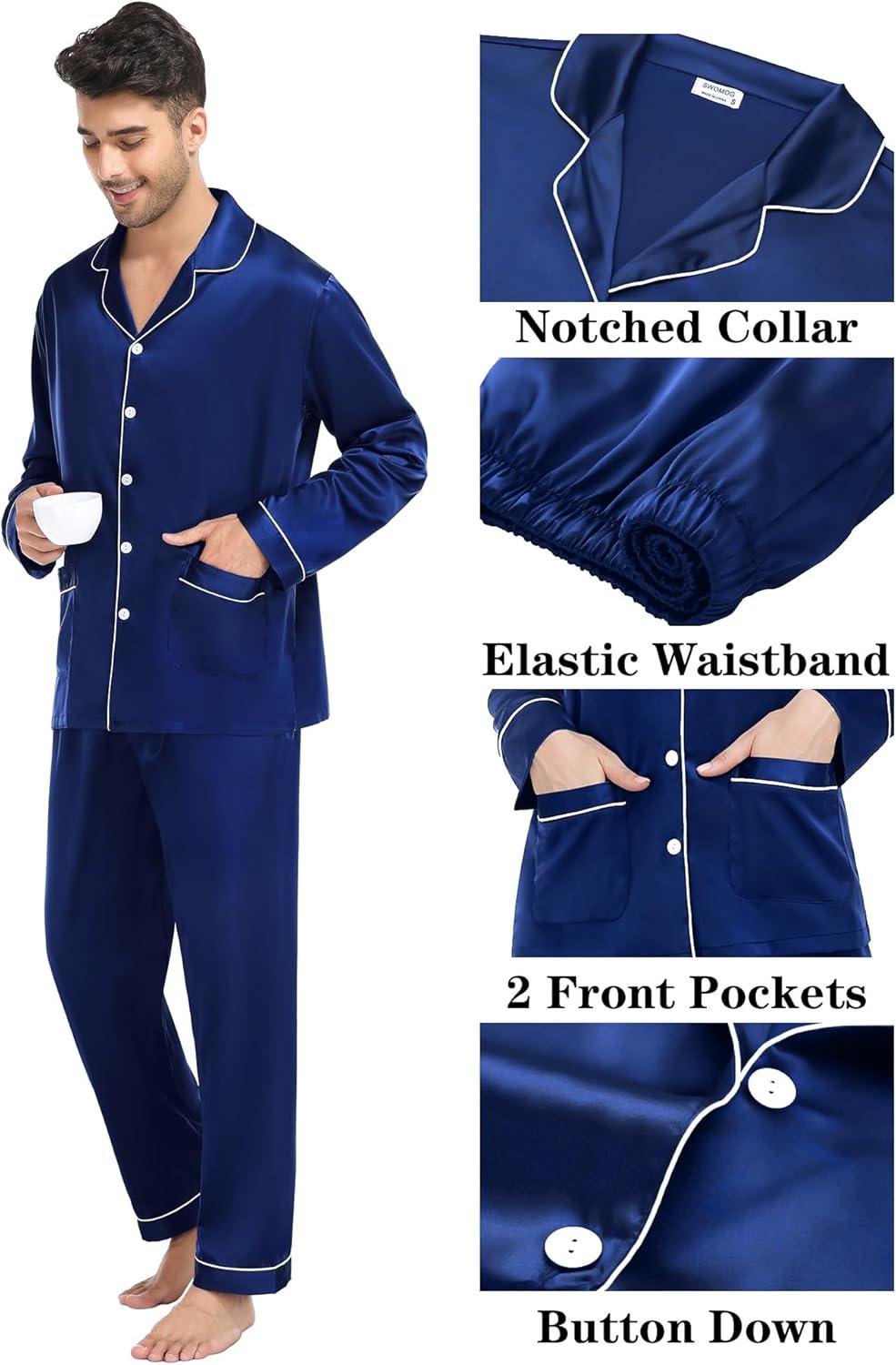 imageSWOMOG Matching Family Pajamas Set Women amp Men amp Kids Silk Satin Pjs 2 Pcs Long Sleeve Button Down Sleepwear with 2 PocketsNavy Blue