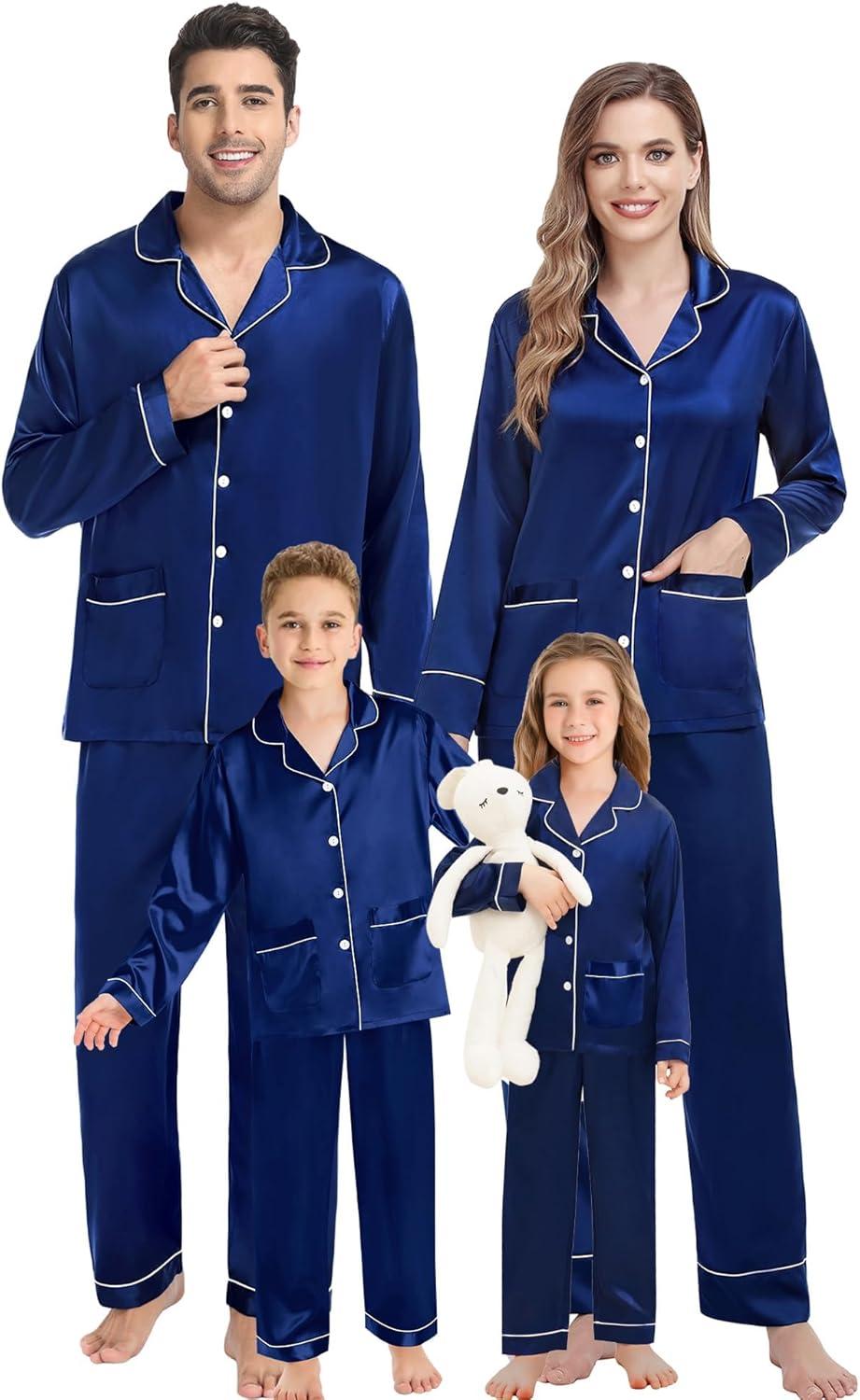 imageSWOMOG Matching Family Pajamas Set Women amp Men amp Kids Silk Satin Pjs 2 Pcs Long Sleeve Button Down Sleepwear with 2 PocketsNavy Blue
