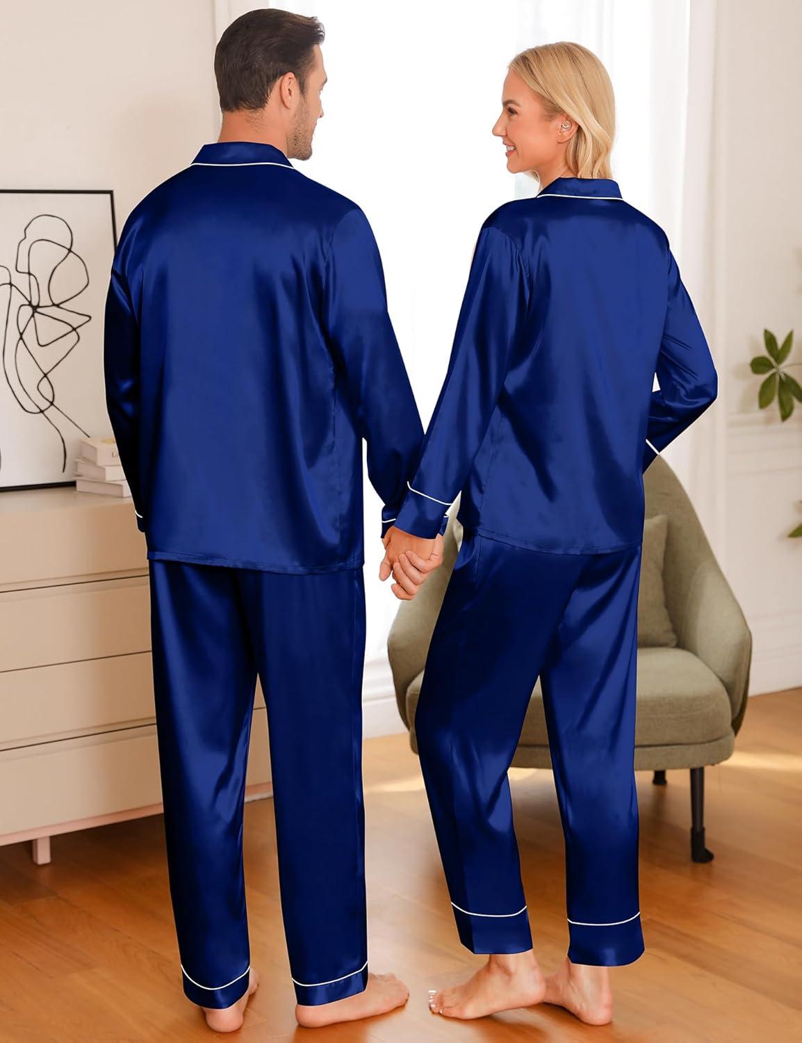 imageSWOMOG Matching Family Pajamas Set Women amp Men amp Kids Silk Satin Pjs 2 Pcs Long Sleeve Button Down Sleepwear with 2 PocketsNavy Blue