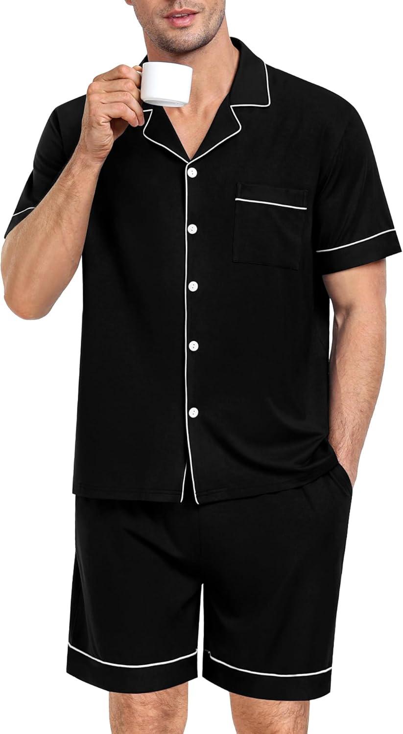 imageSWOMOG Mens Pajama Set Short Sleeve 2 PCS Sleepwear Button Down Soft Loungewear Modal Set Pj Set with Pockets S3XLBlack