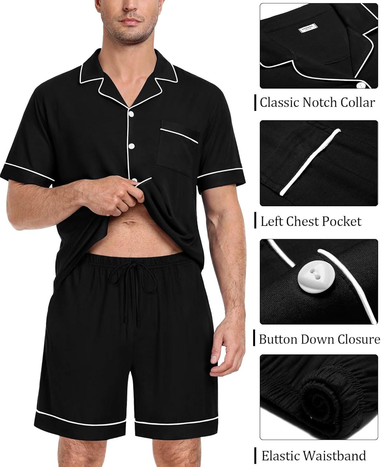 imageSWOMOG Mens Pajama Set Short Sleeve 2 PCS Sleepwear Button Down Soft Loungewear Modal Set Pj Set with Pockets S3XLBlack