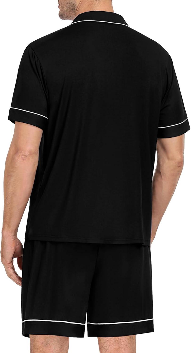 imageSWOMOG Mens Pajama Set Short Sleeve 2 PCS Sleepwear Button Down Soft Loungewear Modal Set Pj Set with Pockets S3XLBlack