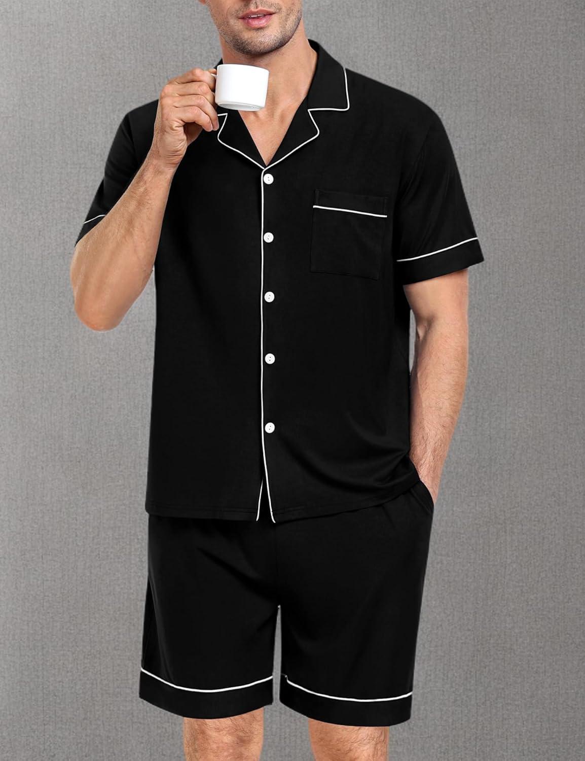 imageSWOMOG Mens Pajama Set Short Sleeve 2 PCS Sleepwear Button Down Soft Loungewear Modal Set Pj Set with Pockets S3XLBlack