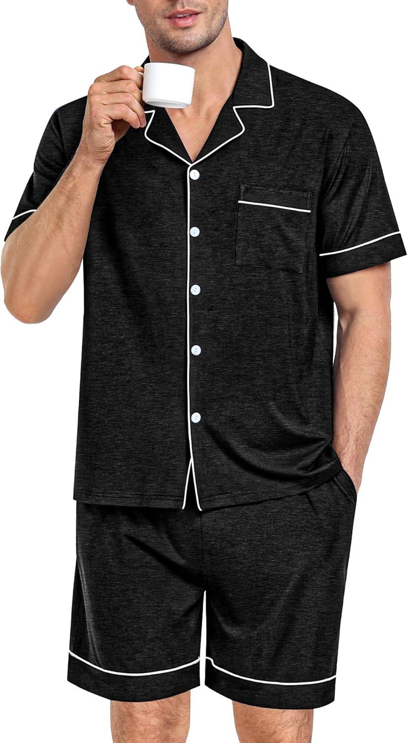 imageSWOMOG Mens Pajama Set Short Sleeve 2 PCS Sleepwear Button Down Soft Loungewear Modal Set Pj Set with Pockets S3XLBlack Grey