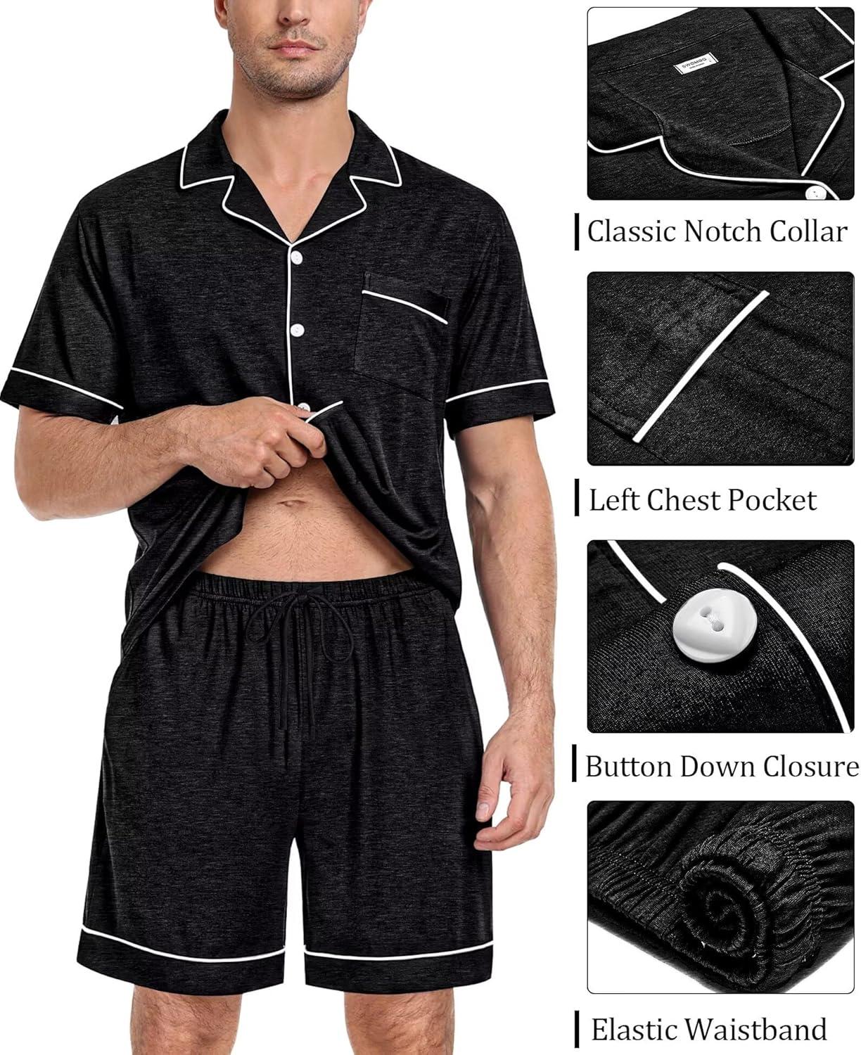 imageSWOMOG Mens Pajama Set Short Sleeve 2 PCS Sleepwear Button Down Soft Loungewear Modal Set Pj Set with Pockets S3XLBlack Grey
